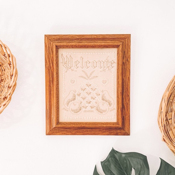 VTG Embroidered Cross Stitch Framed Welcome Sign